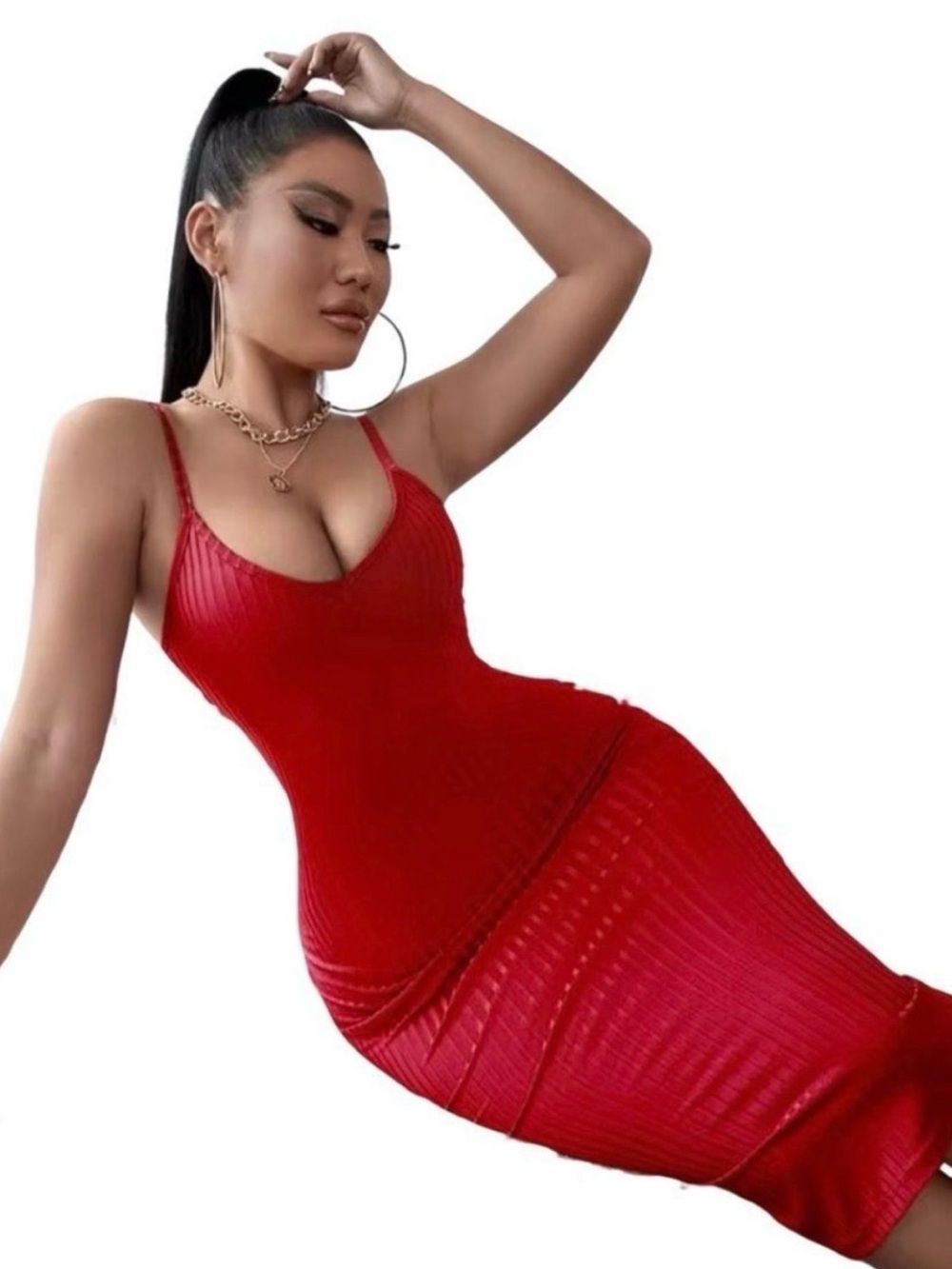 PrettyLittleThing Red Ribbed Midi Bodycon Slip Dress
